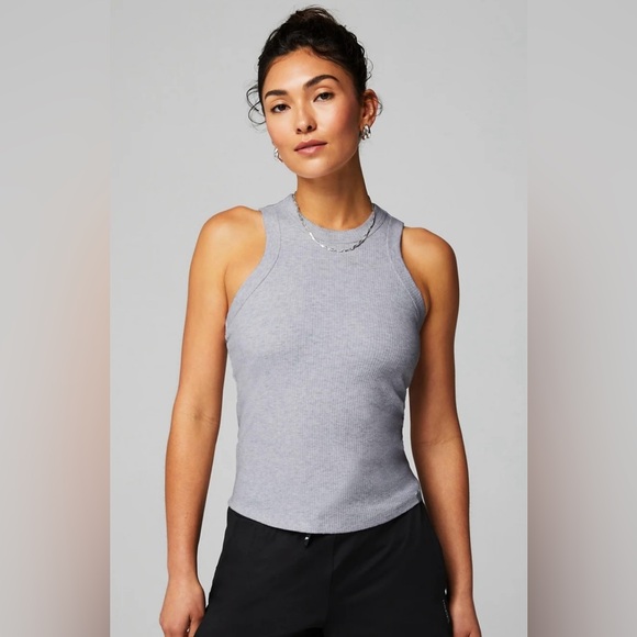 Fabletics | High Neck Rib Built-In Bra Tank | Heather Gray | L - Picture 7 of 9